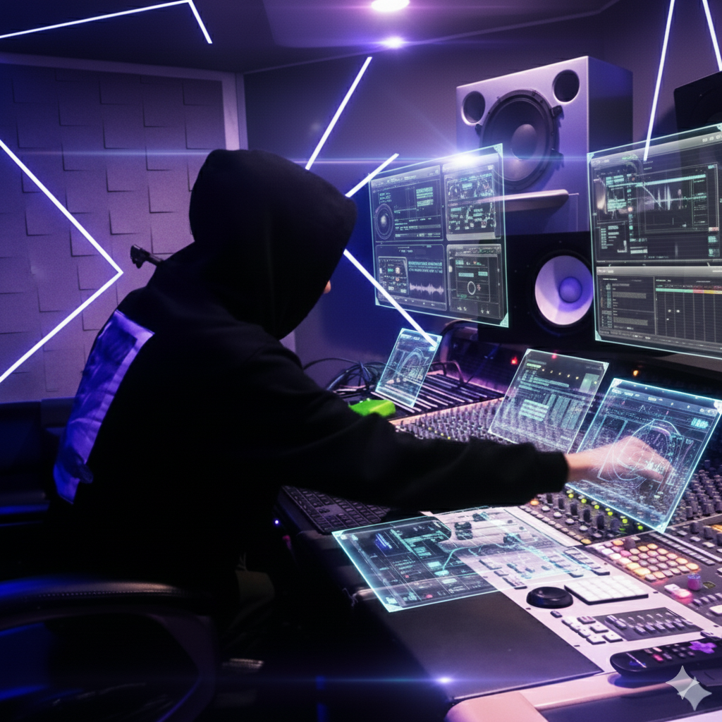 GRAMMY-winning mixing engineer Serge Tsai working at a futuristic, blue-lit studio console.